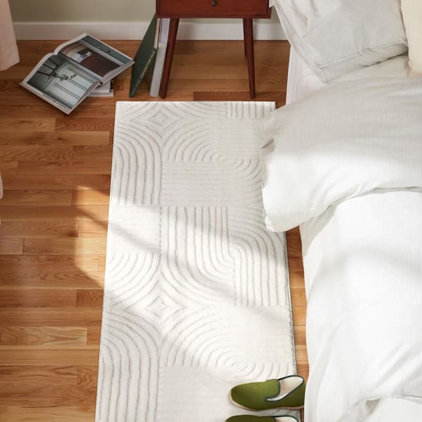 2 ft. x 7 ft. Ivory Stone Geo Curve Washable Indoor Runner Rug