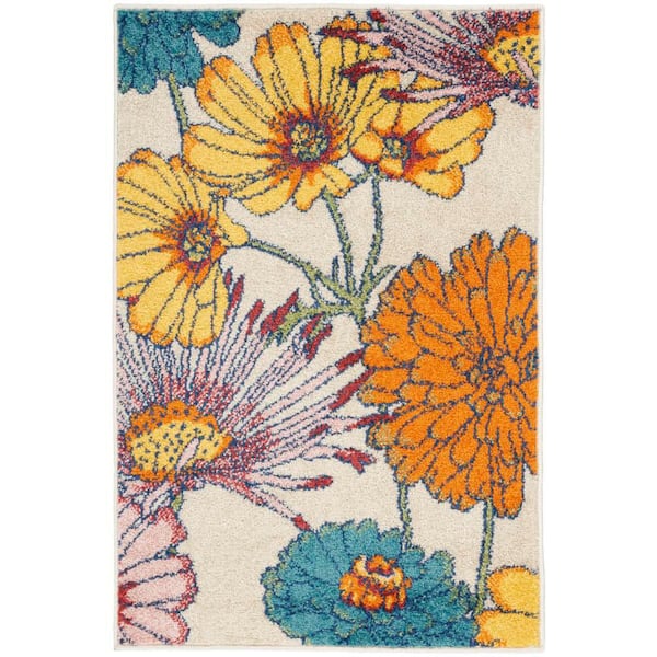 Nourison Allur Ivory Multicolor doormat 2 ft. x 3 ft. Floral Medallion Boho Kitchen Area Rug