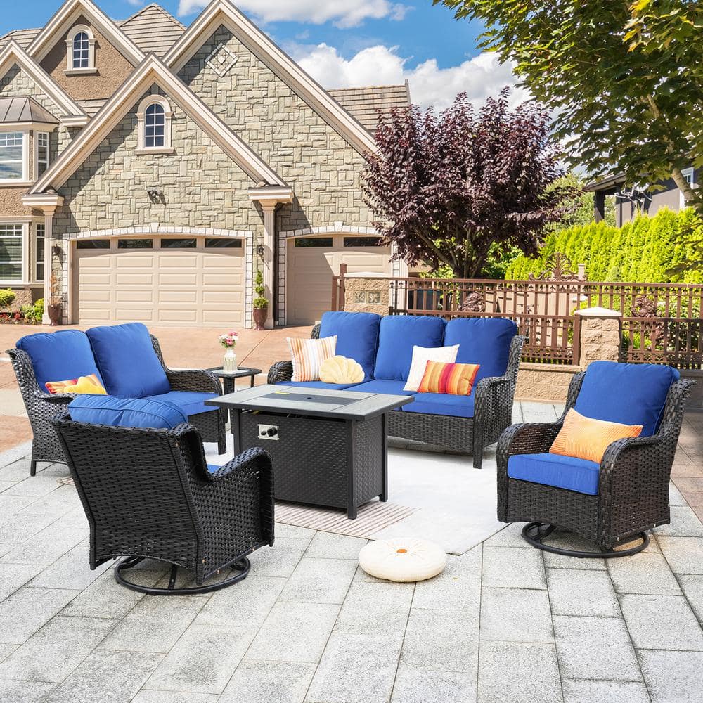 Amber 6-Piece Wicker Patio Rectangular Fire Pit Sets and Swivel Rocking Chairs with Navy Blue Cushion price history on PriceWatchPro