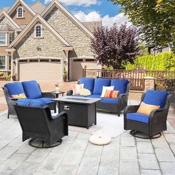 XIZZI Amber 6-Piece Wicker Patio Rectangular Fire Pit Sets and Swivel Rocking Chairs with Navy Blue Cushion