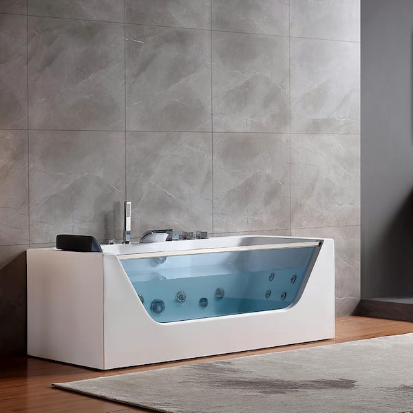 67 in. Acrylic Center Drain Rectangular Alcove Whirlpool Bathtub with LED Lights in White