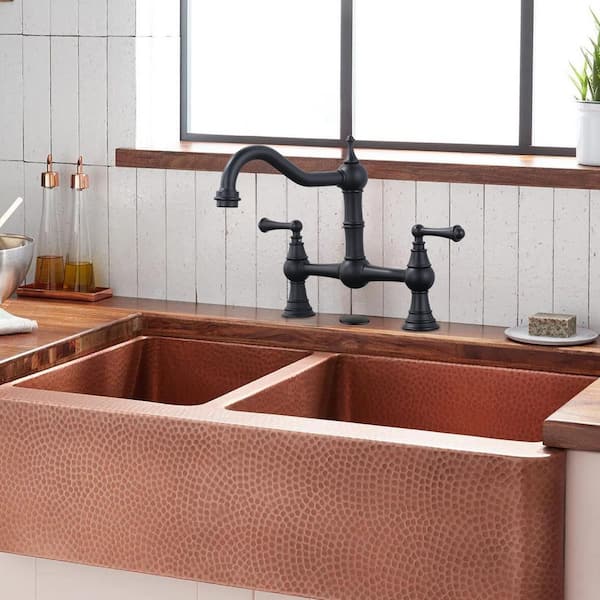 Vintage Double Handle High Arc 2-3 Hole Brass Bridge Kitchen Faucet with Sink Hole Cover in Matte Black