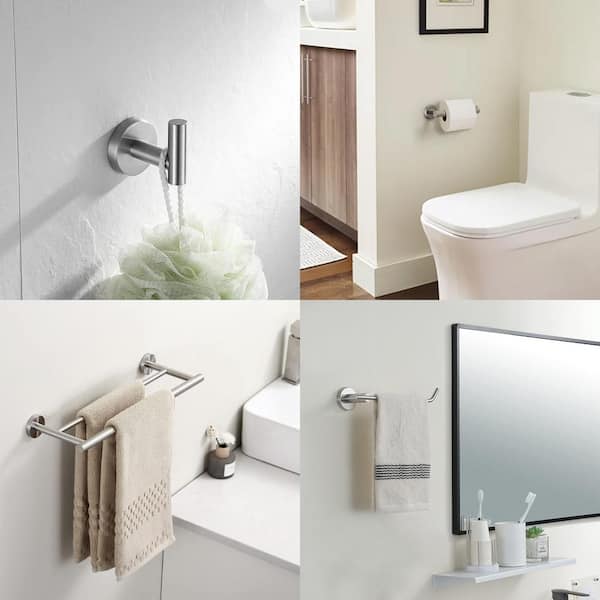 Wall Mounted 5 -Piece Bath Hardware Set with Double Towel Bar Toilet Paper Holder Towel Hook in Brushed Nickel