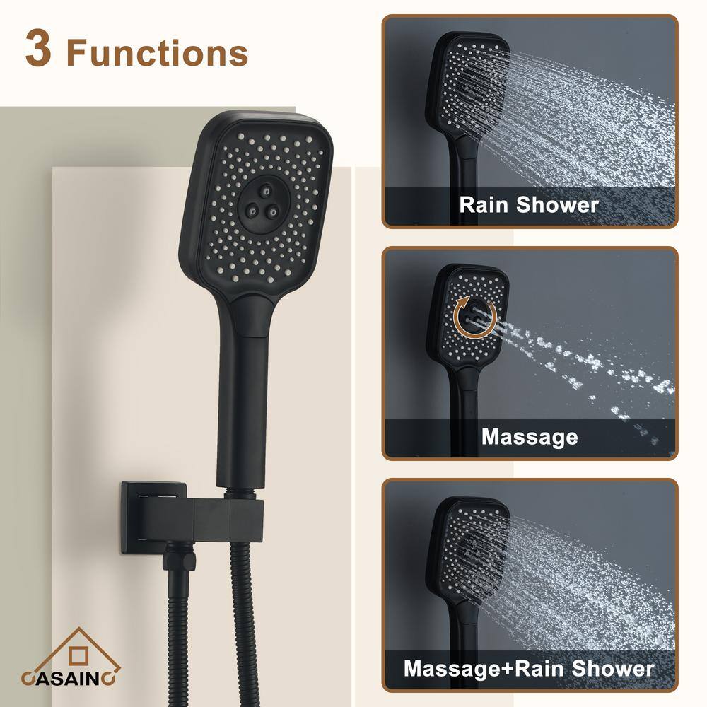 Matte Black 12-Inch Stainless Steel Multi-Head Wall Mounted Shower System