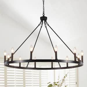 Moomal 12-Light Black Farmhouse Candle Dimmable Wagon Wheel Chandelier for Living Room Kitchen Island Dining Foyer