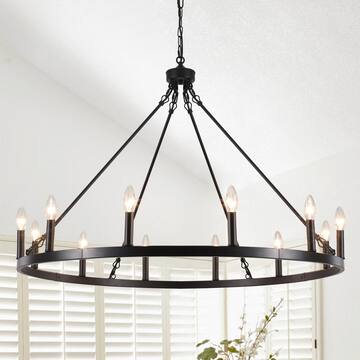 LWYTJO Loene 8-Light Black/Brown Farmhouse Candle Dimmable Wagon Wheel Chandelier for Living Room Kitchen Island Dining Foyer D0030-8-B+IWG-UL