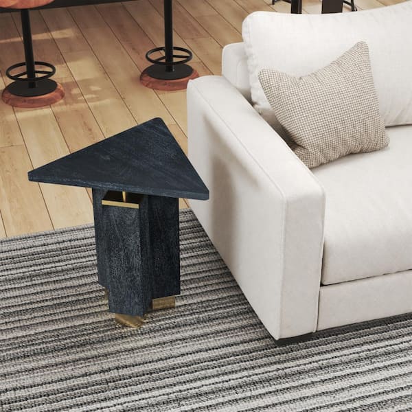 THE URBAN PORT 20 in. Black and Brass Triangle Wood End/Side Table with Pedestal Support