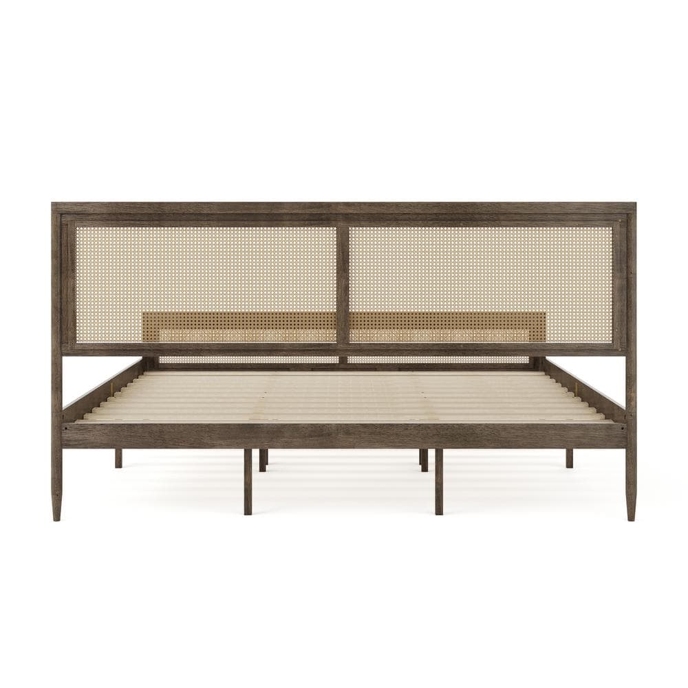 King Brown Gray Wood Frame Platform Bed with Rattan Headboard
