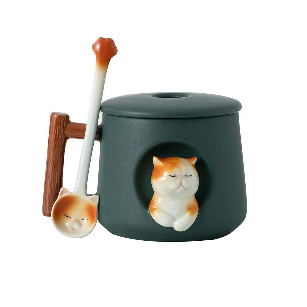Wudkey 14 oz. Green Adorable 3D Ceramic Cat Mug with Lid and Spoon for Coffee Tea Milk, Espresso/Cappuccino Cups