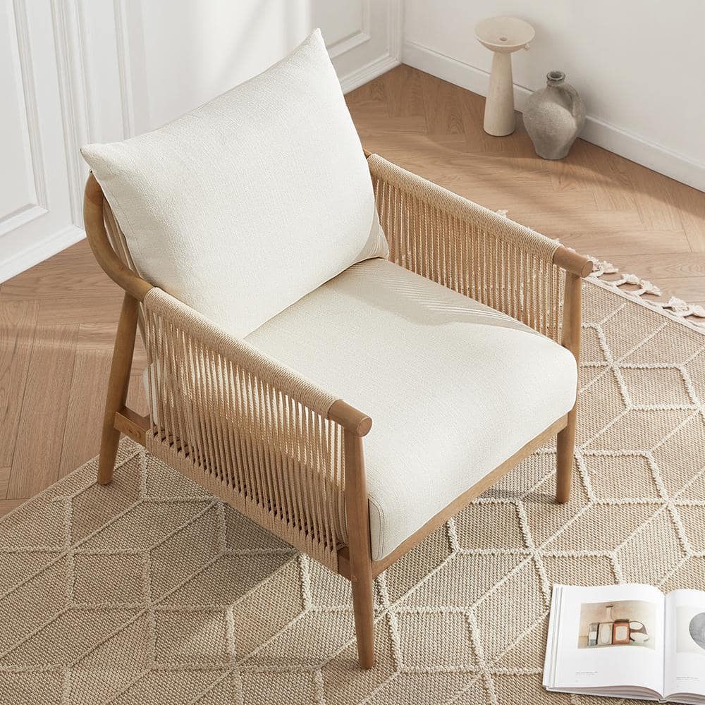 Cream Fabric and Wood Square Arm Accent Chair