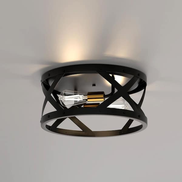 11.8 in. 2-Light Industrial Black and Gold Flush Mount Metal Modern Ceiling Light Fixture with E26 Bulb Not Included