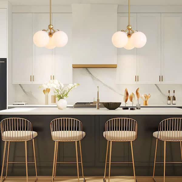 Grace 3-Light Modern Gold Cluster Opal Glass Globe Pendant Light for Kitchen Islands, Dining Rooms