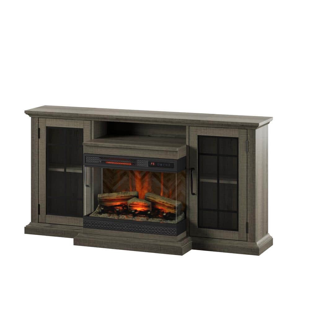 Saw Cut Oak TV Stand with Panorama Electric Fireplace and Glass Cabinets
