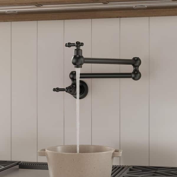 24 in. Extended Reach Wall Mount Pot Filler Kitchen Faucet 2-Handle with Dual Swivel Arms in Matte Black