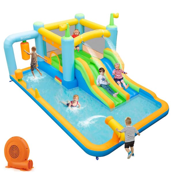 HONEY JOY Inflatable Water Slide Park Giant Bounce House with Double Long Slides Boxing Splash Pool Jumping Area w/750-Watt Blower