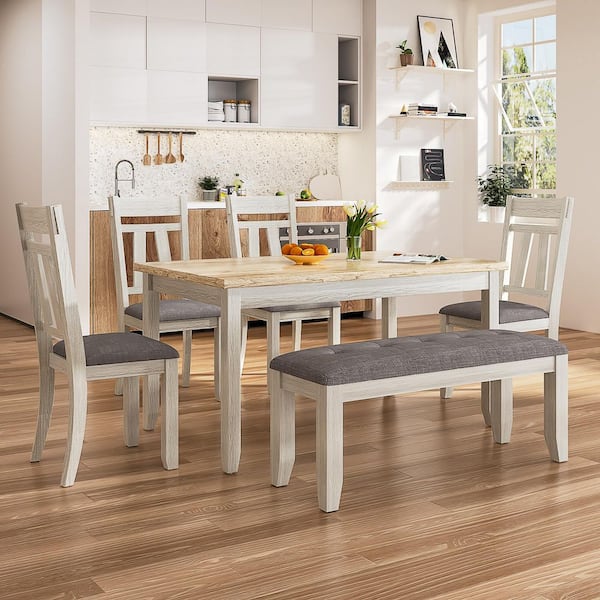 Dining Table Set for 6 with Bench 6-Piece Farmhouse Kitchen Table and 4 Chairs Distressed Gray and Wood Grain Top