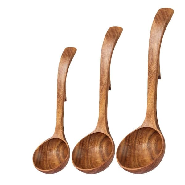 3-Piece Wooden Ladle Spoon with Back Hooks for Cooking, Serving, Stirring, Heat Resistant, Non-Stick, Comfortable Grip