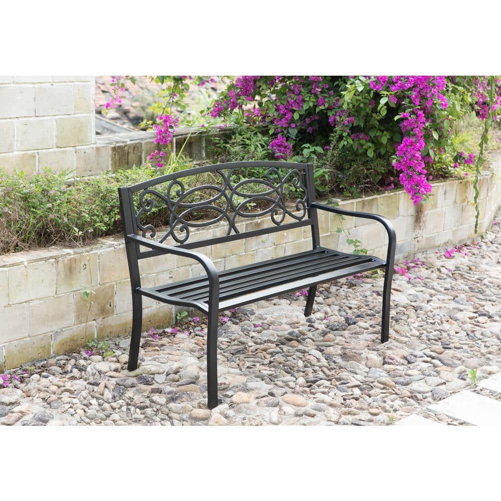 Gardenised Steel Outdoor Patio Garden Park Seating Bench with Cast Iron Scrollwork Backrest, Front Porch Yard Bench Lawn Decor