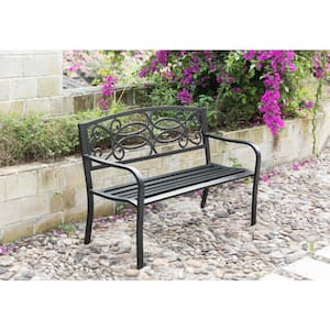 Steel Outdoor Patio Garden Park Seating Bench with Cast Iron Scrollwork Backrest, Front Porch Yard Bench Lawn Decor