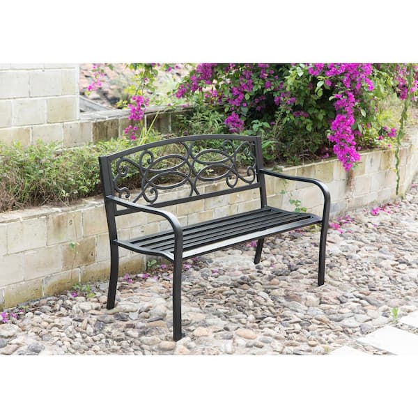 Steel Outdoor Patio Garden Park Seating Bench with Cast Iron Scrollwork Backrest, Front Porch Yard Bench Lawn Decor