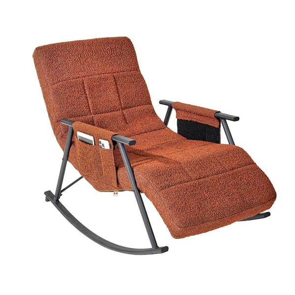 VECELO Outdoor Rocking Chair, Teddy Fabric Upholstered Patio Rocking Chair with Storage Bag, Coffee Outdoor Rocker