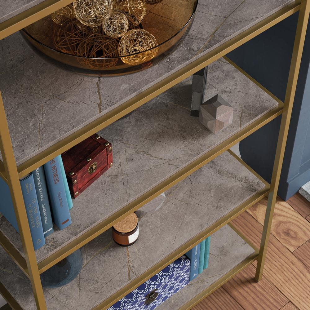 Deco Stone Luxe Modern 5-Shelf Bookcase with Satin Gold Metal Frame