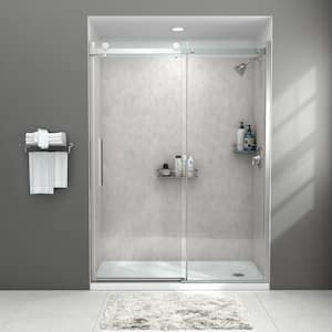 Passage 60 in. x 72 in. 3-Piece Glue-Up Alcove Shower Wall, Door and Base Kit with Right Drain in Platinum Marble