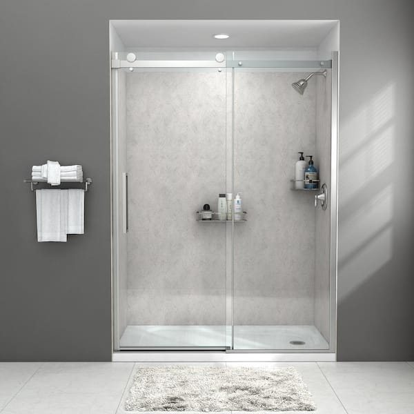 Passage 60 in. x 72 in. 2-Piece Glue-Up Alcove Shower Wall and Base Kit with Right Hand Drain in Platinum Marble