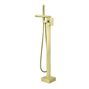 Single Handle Floor Mounted Freestanding Tub Faucet Waterfall Tub Filler with Handheld Shower in Brushed Gold