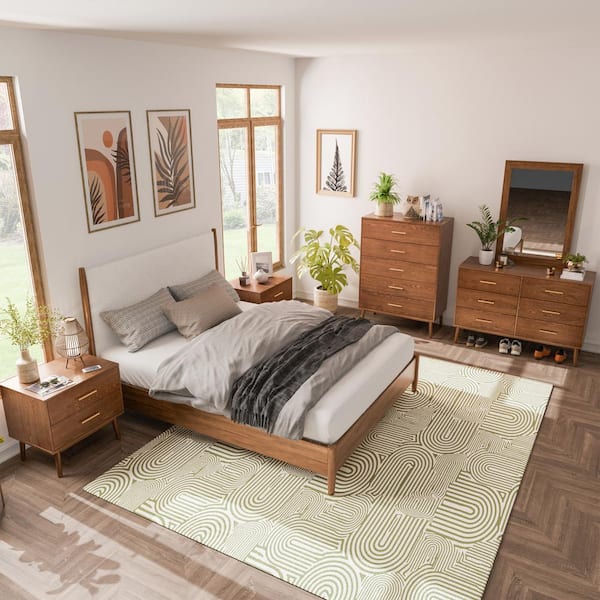 Furniture of America Riverstone 6-Piece Mid Century Modern Boucle Walnut Wood Queen Bedroom Set with Anti-Tip Interlock System