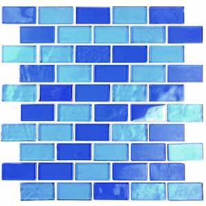 Landscape Horizon Blue Brick Mosaic 3 in. x 3 in. Textured Glossy Glossy Glass Wall and Pool Tile Sample