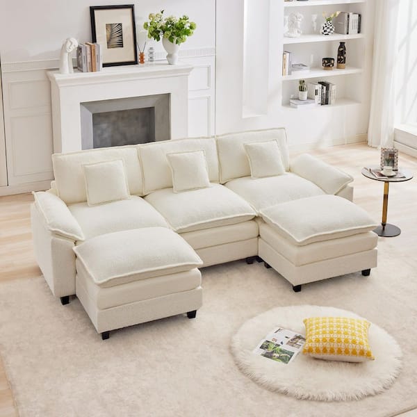 105.9 in. Width Pillow Top Arm Chenille Fabric U-Shaped Sectional Sofa with 2-Ottomans for Living Room in Beige