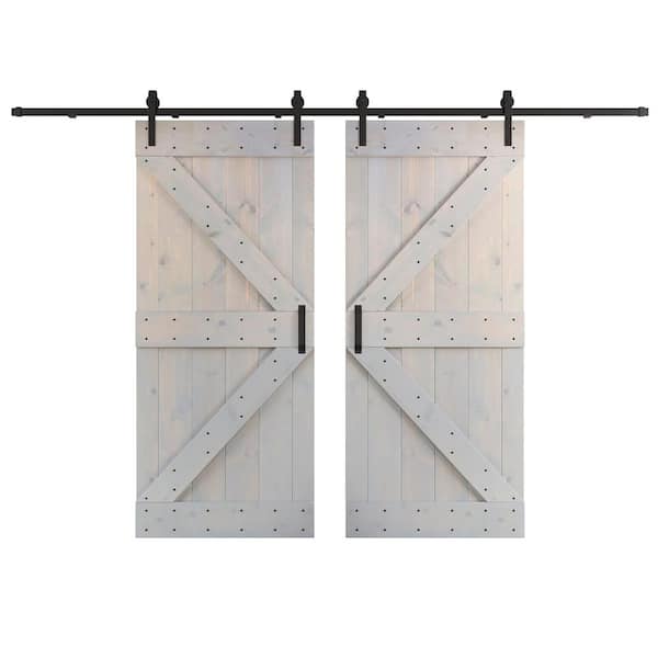 COAST SEQUOIA INC K Series 76 in. x 84 in. Light Grey DIY Knotty Wood Double Sliding Barn Door with Hardware Kit