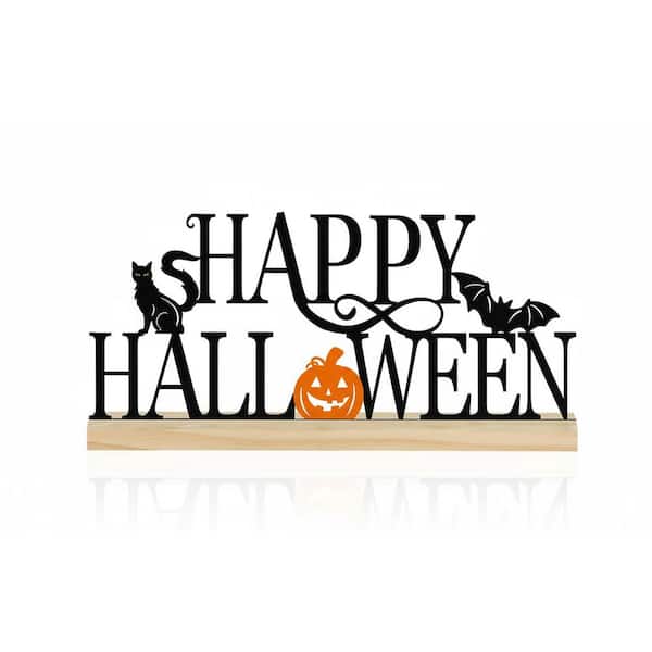 Black Metal Happy Halloween Sign-Versatile Indoor Decor, Includes Jack-o'-lantern, Spooky Cat & Bat Details