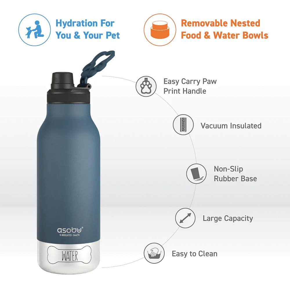 Blue Stainless Steel Insulated Dog Water Bottle with Bowls