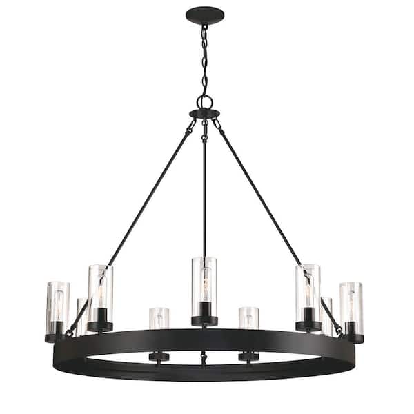 Yosemite Home Decor Oakley 9-Light Wagon Wheel in Matte Black Chandelier with Glass Shades