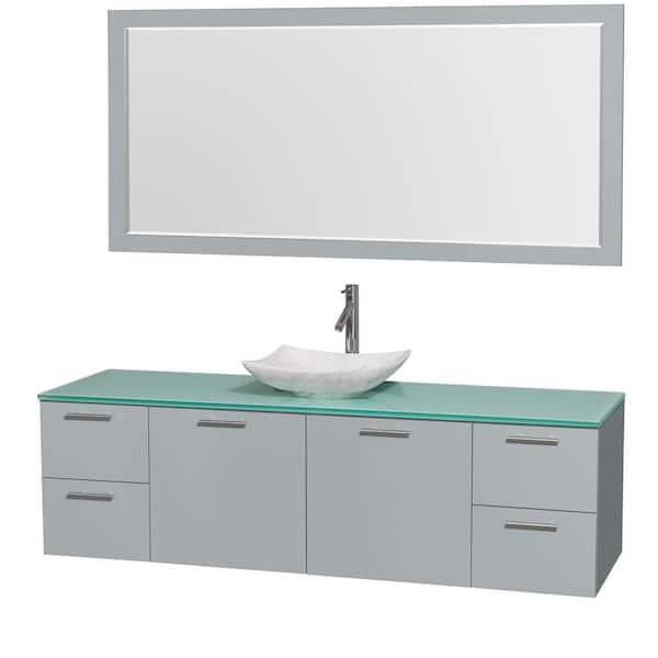 Wyndham Collection Amare 72 in. W x 22 in. D Vanity in Dove Gray with Glass Vanity Top in Green with White Basin and 70 in. Mirror