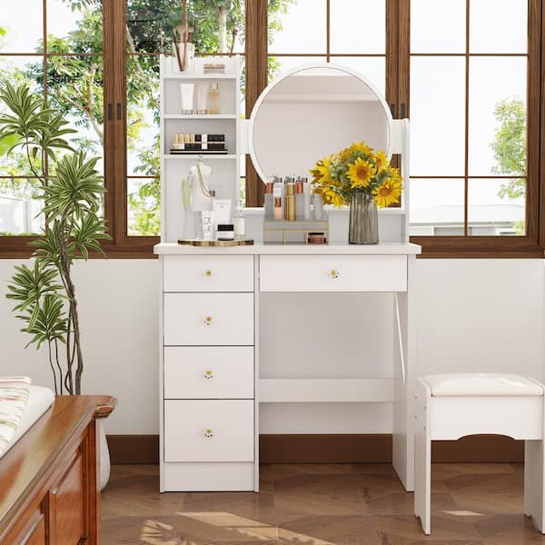WIAWG 5-Drawers White Makeup Vanity Table Set with Stool Dressing Desk Vanity Wood with Round Mirror Storage Shelves