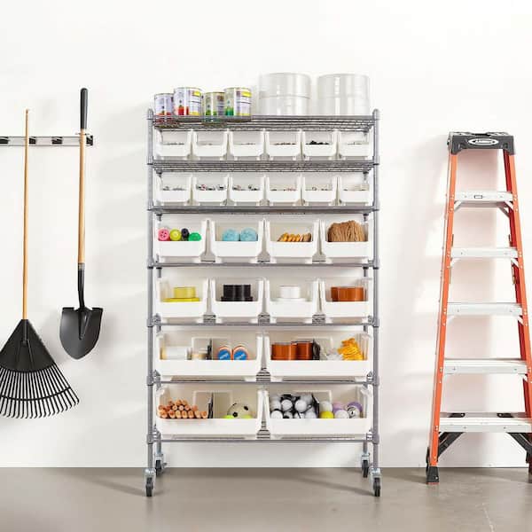 Mobile Steel Wire Storage Rack with Wheels, 7-Tier Rolling Bin Organizer, 24 Bins for Garage, Office, Kitchen, Warehouse