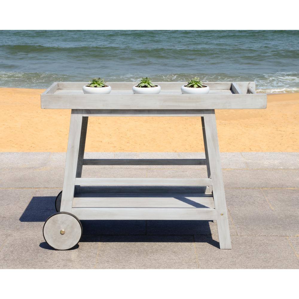 Transitional Eucalyptus Wood Bar Cart with Storage in Grey Wash