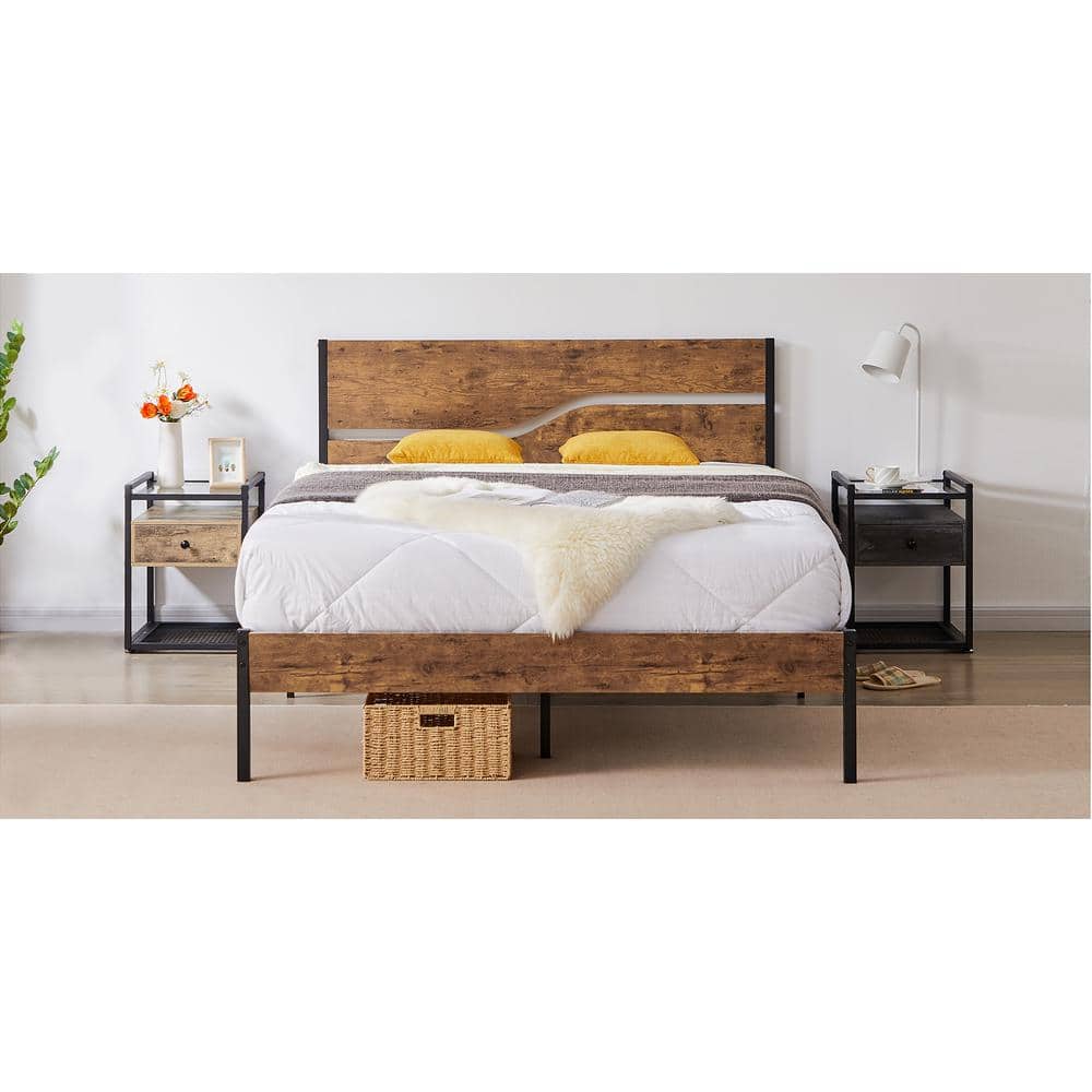 Full Metal Platform Bed Frame with Wooden Headboard，Platform Bed with Metal Frame Under Bed Storage，56.6"W，Brown - thumbnail 5