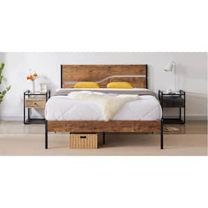 Queen Metal Platform Bed Frame with Wooden Headboard Platform Bed with Metal Frame Under Bed Storage, 62.1 in.W Brown