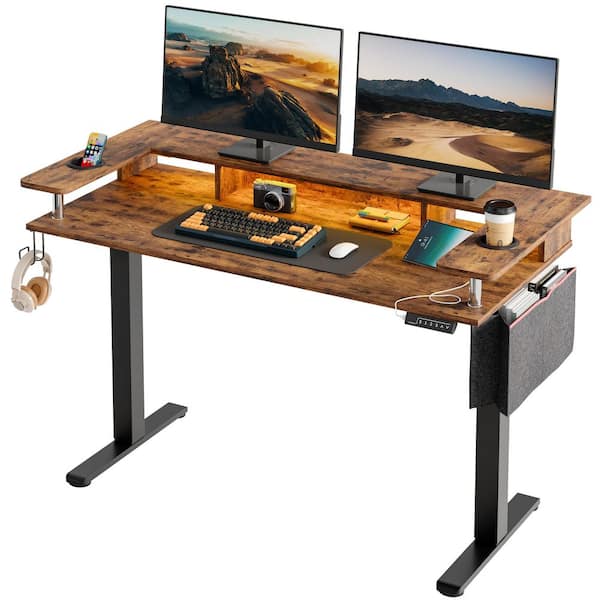 58 in. Rectangular Rustic Brown Wood Sit to Stand Desk with Monitor Stand and Cup Holder