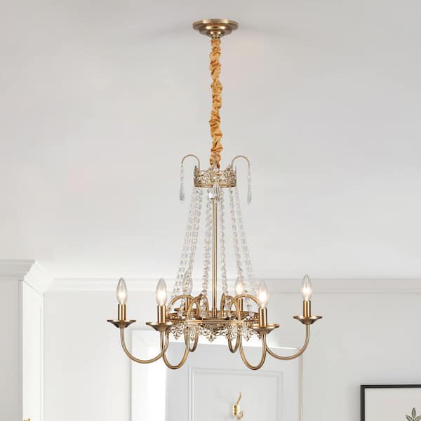 ZJVAIVE 6-Light Gold Candle Design Crystal Linear Chandelier Lighting for Kitchen Island with no bulbs included