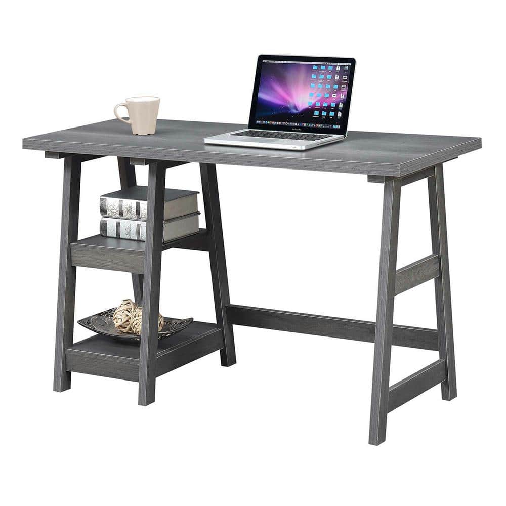 Charcoal Gray 47" Wood Trestle Desk with Shelves