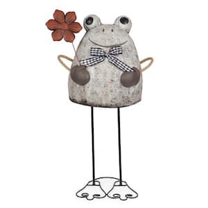 Stone Finish Frog with Metal Flower Statuary