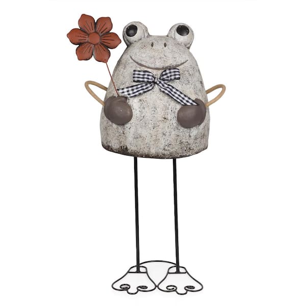 Alpine Corporation Stone Finish Frog with Metal Flower Statuary