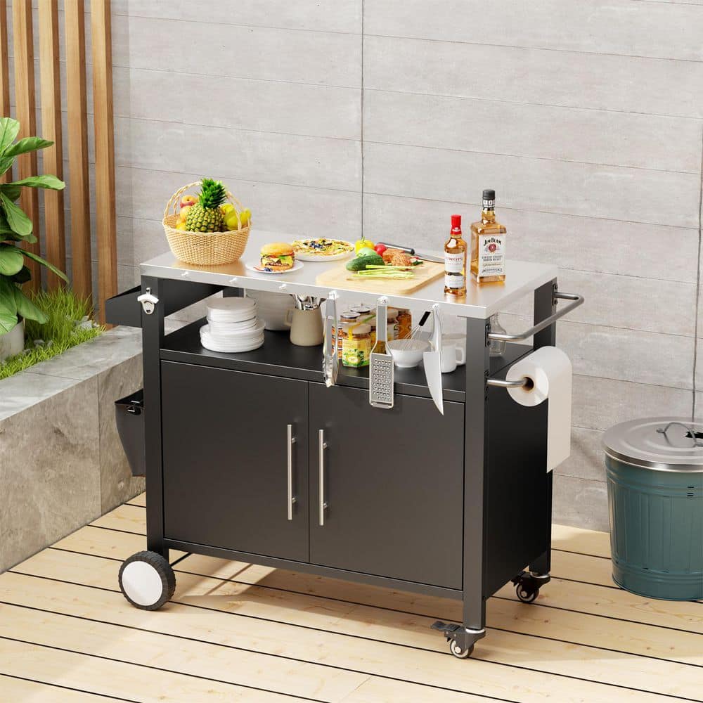 35.2 in. Steel Outdoor Wicker Bar Cart Patio Wine Serving Cart Wheels, Rolling Rattan Beverage Center