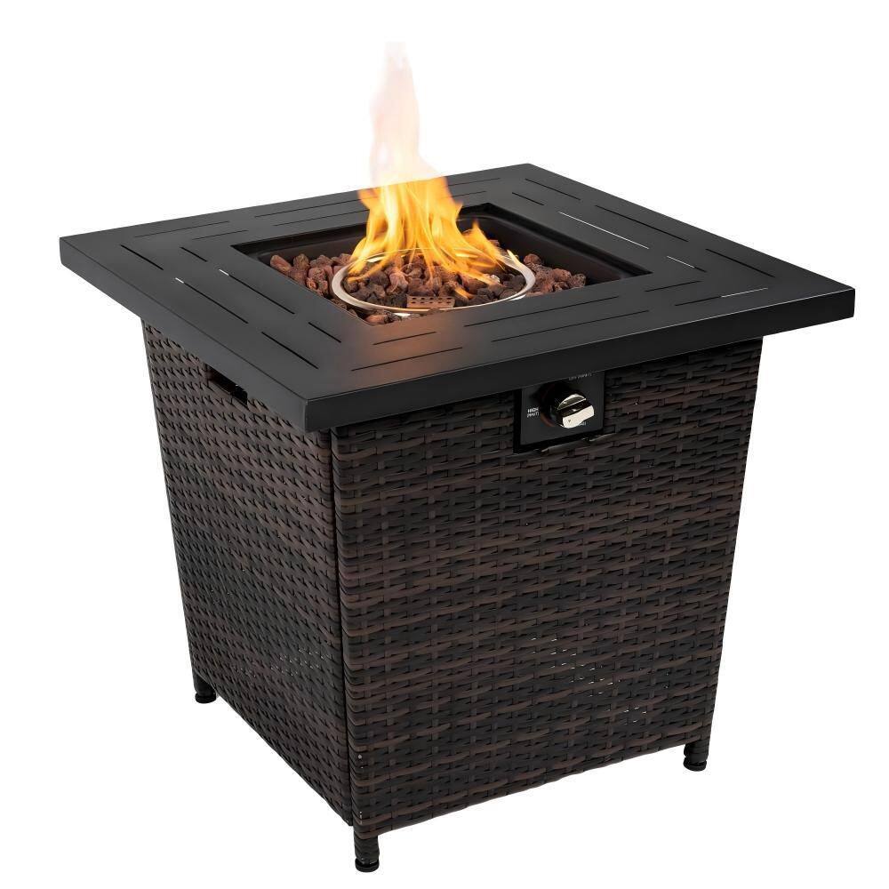 28 in. 50000 BTU Propane Fire Pit Table Square Patio/Deck Heater with Wicker Base, Steel Tabletop Volcanic Stones Black price history on PriceWatchPro