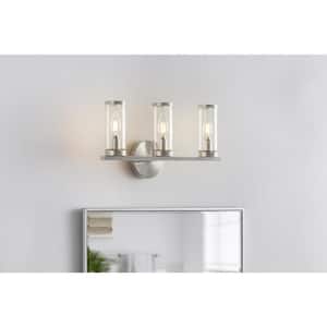 Loveland 16.625 in. 3-Light Brushed Nickel Bathroom Vanity Light Fixture with Clear Glass Shades
